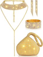Quelay 4 Pieces Women Crystal Jewelry Set Rhinestone Tassel Necklace Stretch Bangle Bracelet Crystal Dangle Fringe Earrings and Rhinestone Handbag for Wedding Party (Glitter Silver,Medium)